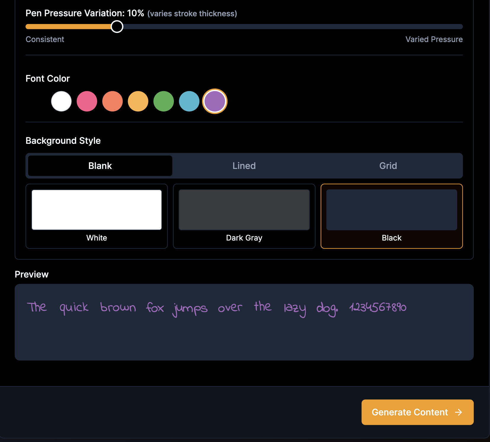 Pro customization options showing pen pressure variation, font colors, background styles, and preview